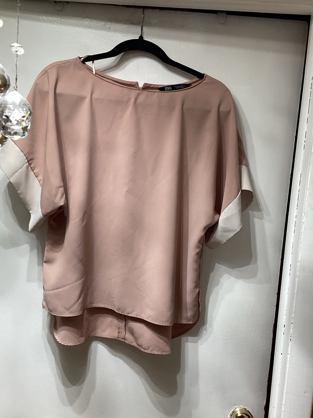 Zara Blush Pink Boxy Short-Sleeve Top with Cream Sleeve Accents
